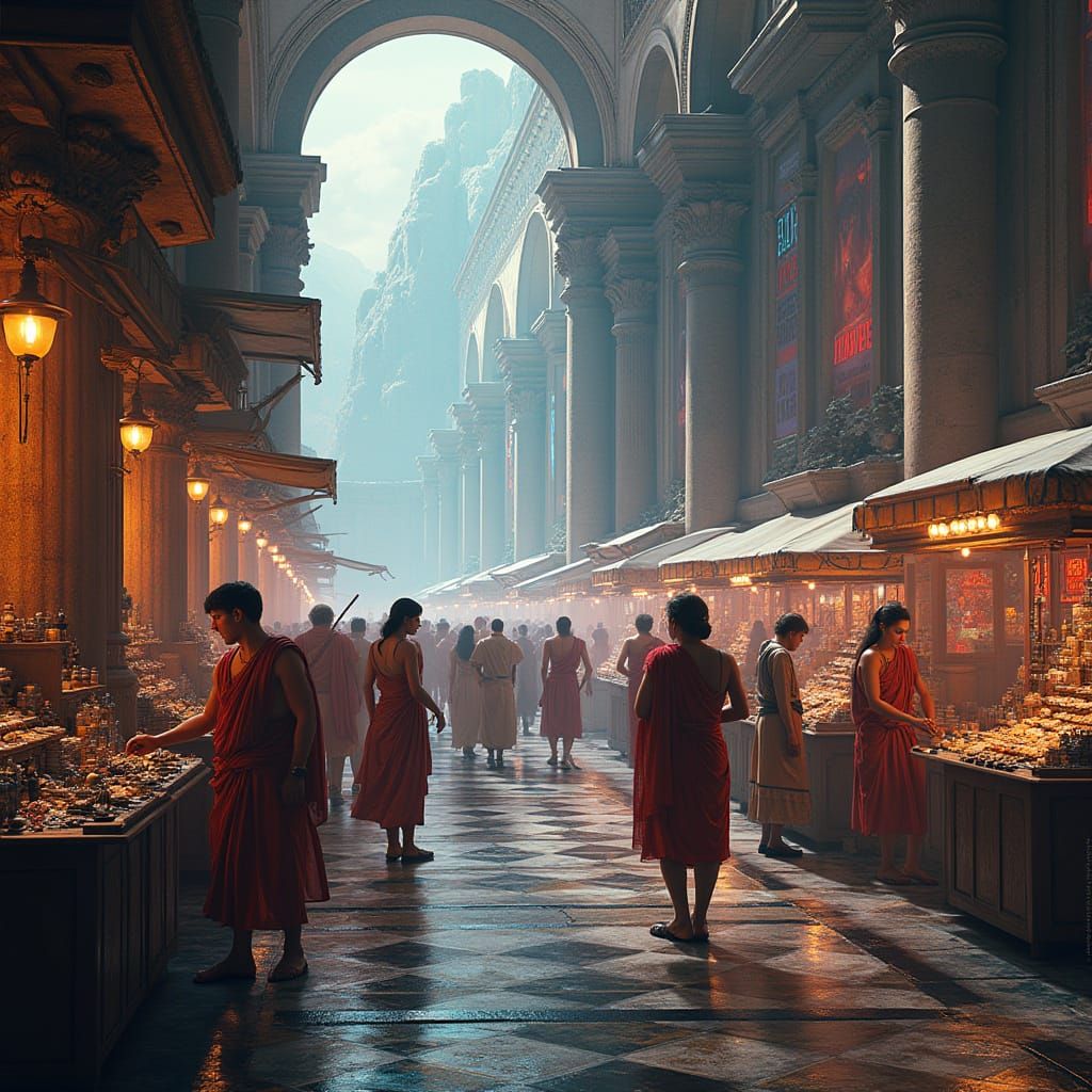 Surreal Futuristic Roman Marketplace in Cyberpunk Style