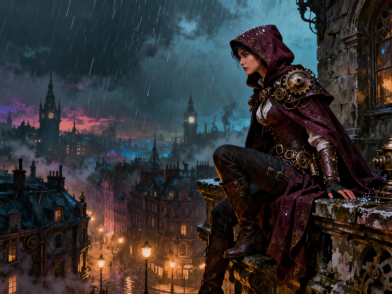 Steampunk Heroine on Victorian Rooftop in Rainy Night