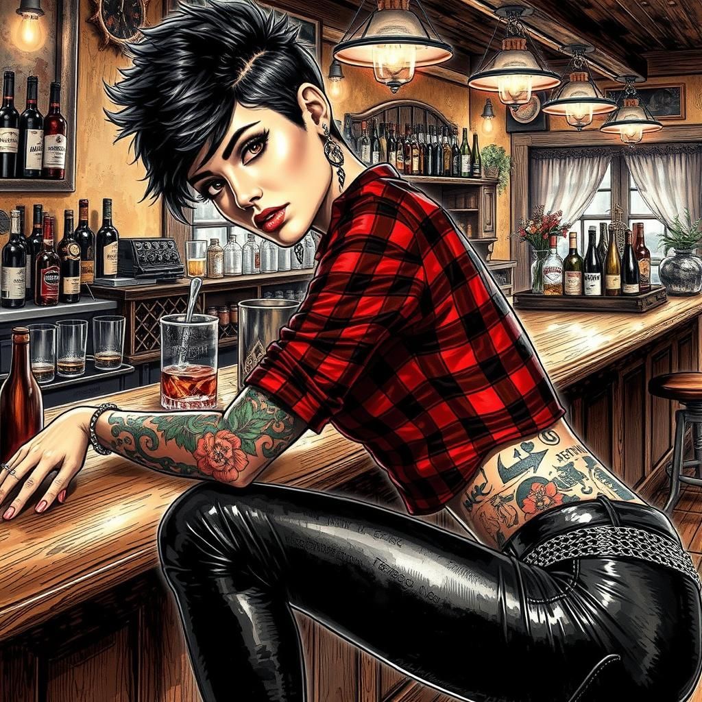 "A stunning woman wearing a red plaid shirt, black latex pants, tatoo, bracelets, black hair ,Pixie Cut Mohawk, rocker, ...