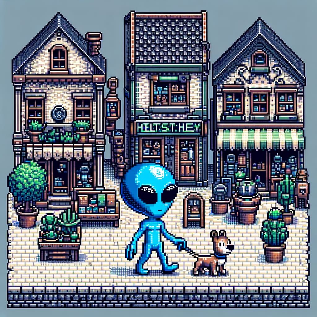8-Bit Alien Dog Walk Pixel Art Scene