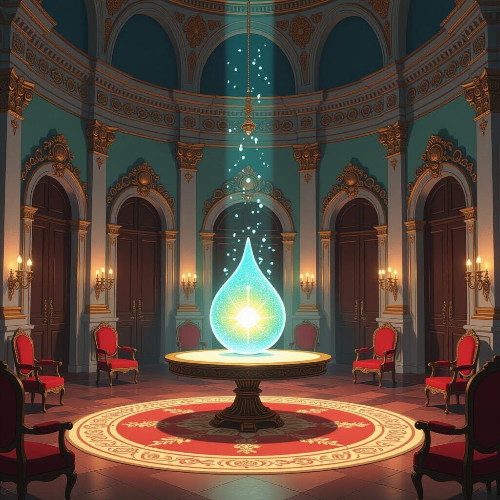 Glowing Object in Ornate Renaissance Hall, Anime Style