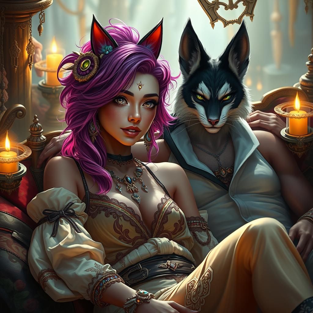 Fantasy Gamer Girl with Cat-Human Hybrid Boyfriend