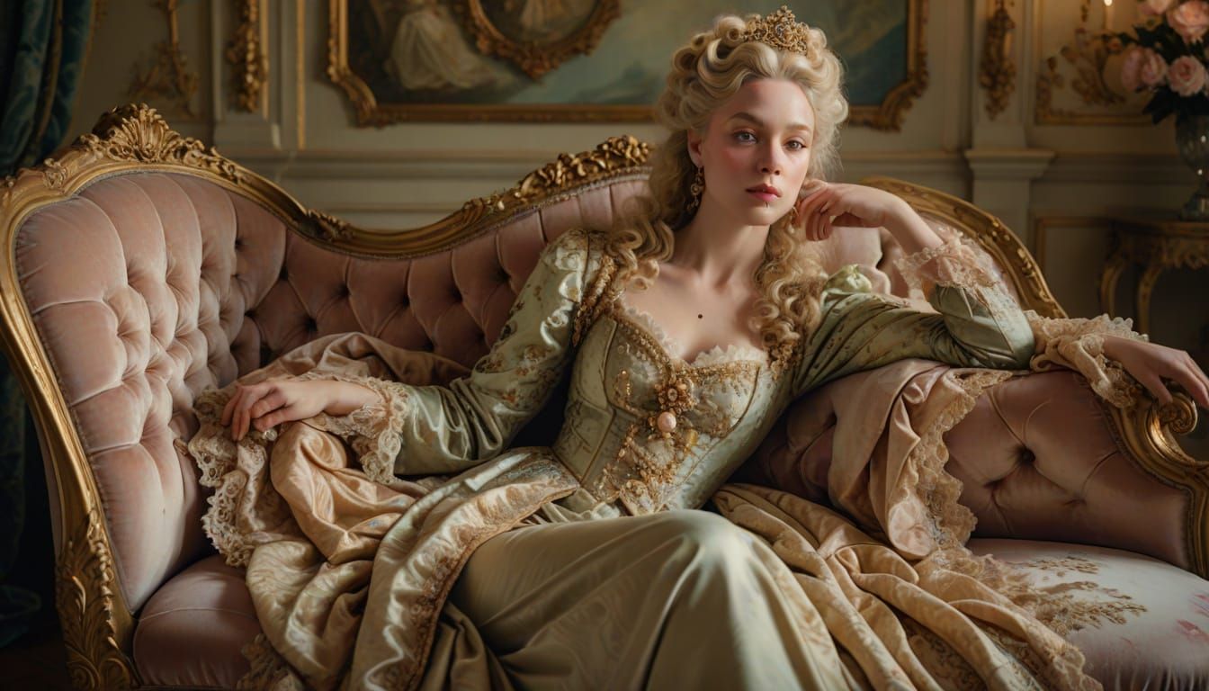 Golden-Haired Queen in Lavish Boudoir, Rococo Style
