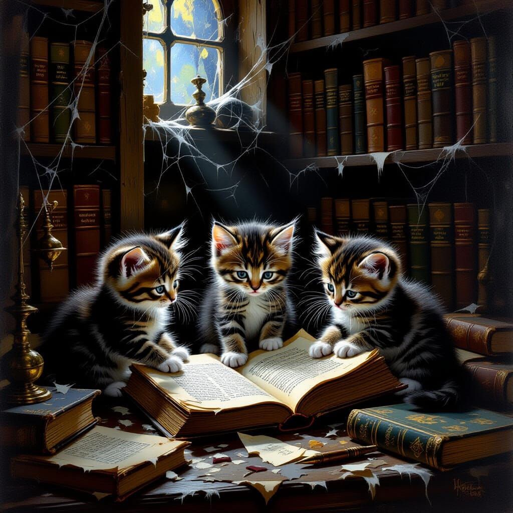 Mischievous Kittens in Dimly Lit Wizard Study Oil Painting