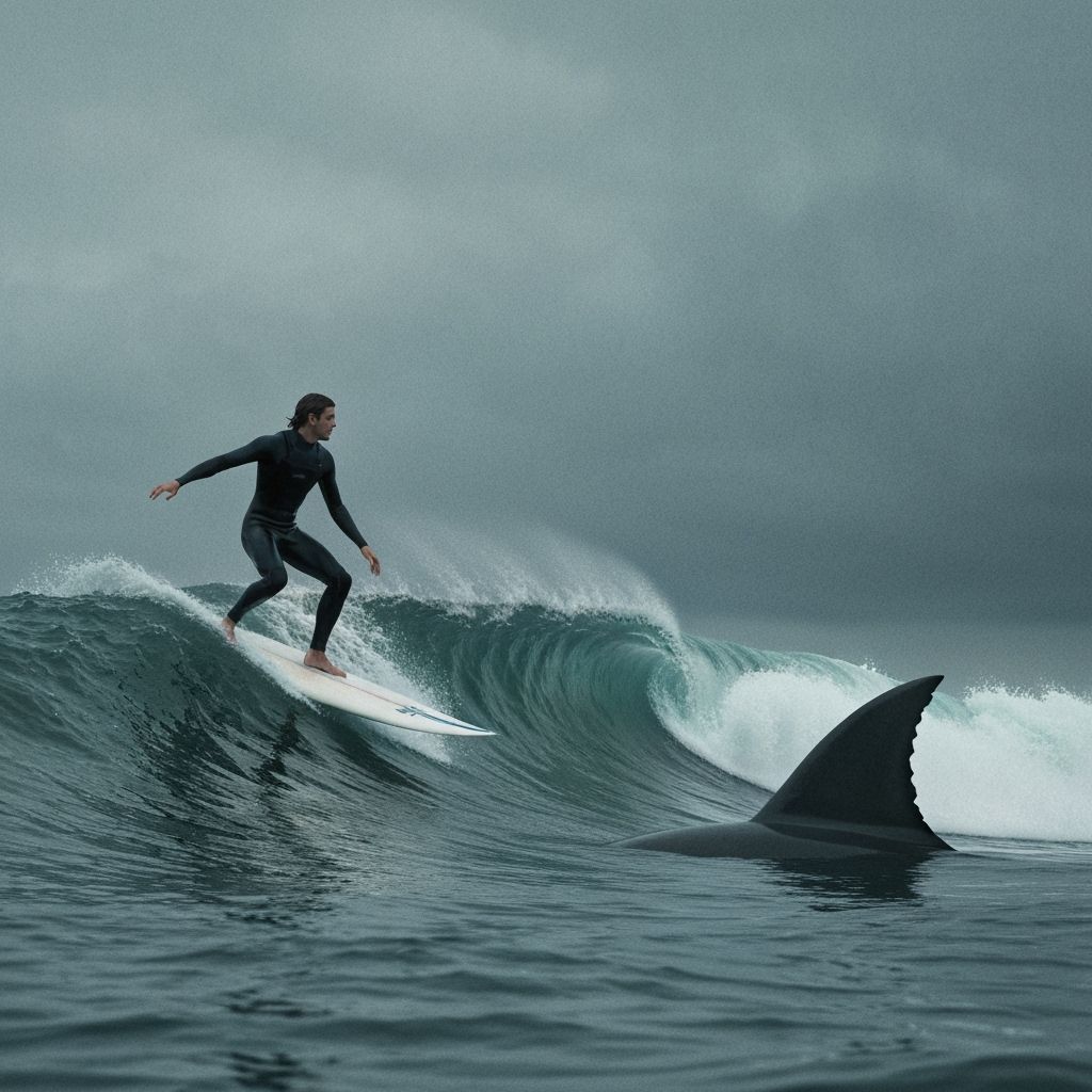 Surfer Pursued by Shark in Ominous Realistic Style