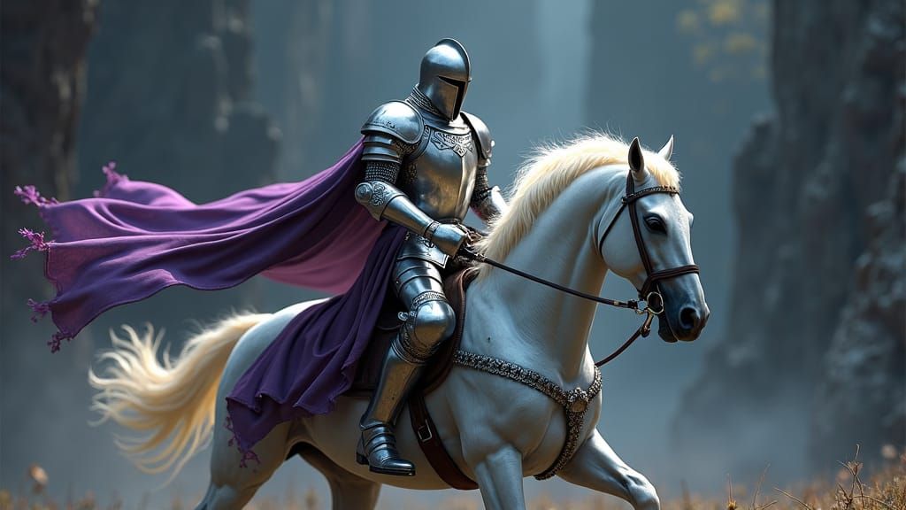 Silver Knight Rescues Damsel in Fantasy Landscape