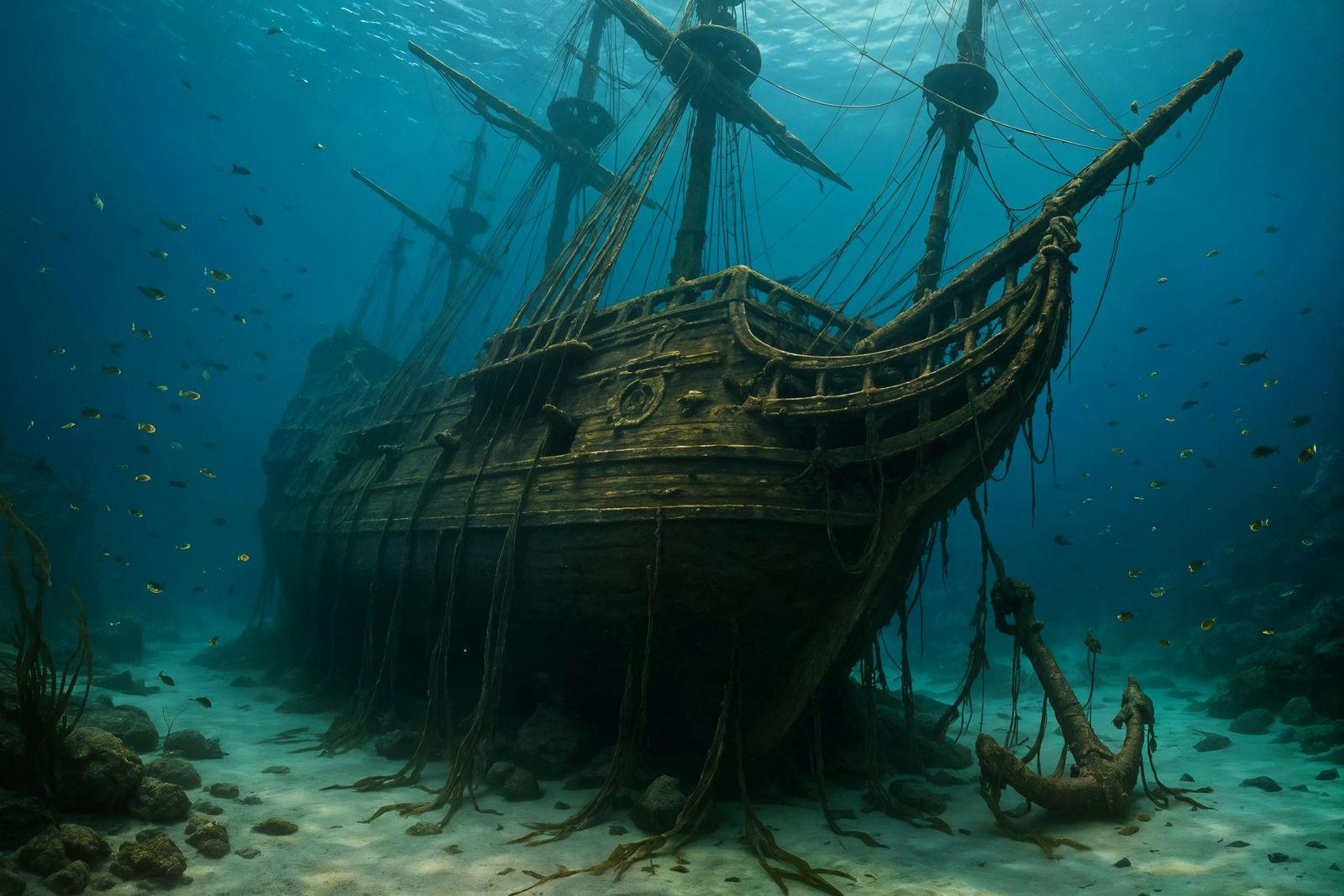 Sunken Spanish Galleon Wreck Underwater Photorealistic Scene