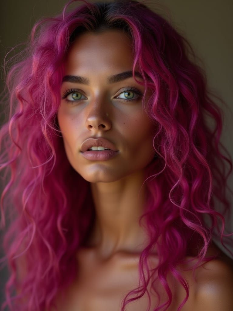 Elegant Young Woman with Magenta Hair and Green Eyes