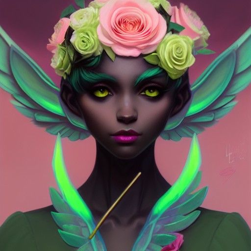 Black Cat Elf with Pastel Flowers, Digital Art