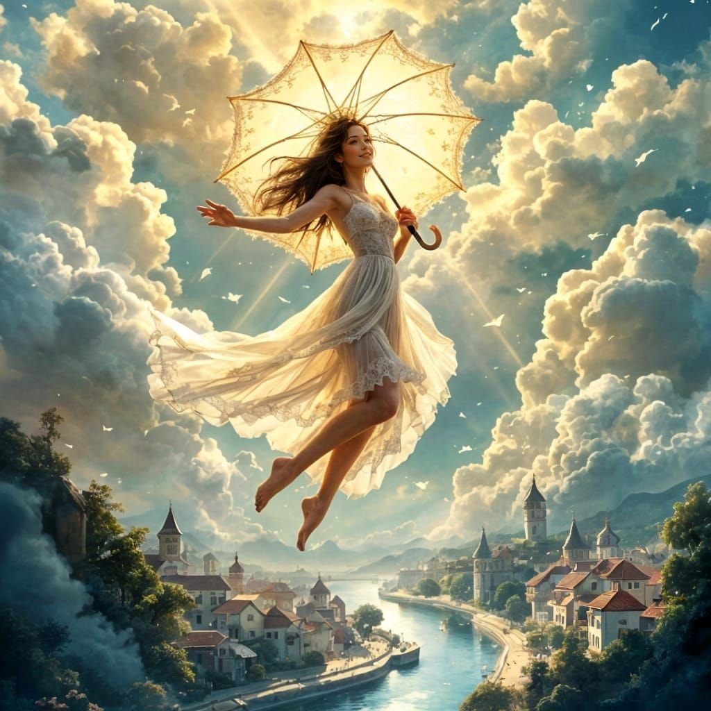 Ethereal Lady Ascends in a Whimsical Art Deco Dreamscape