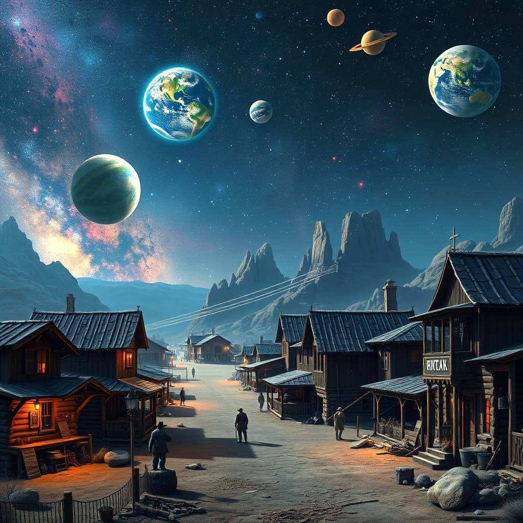 Cosmic Cowboy Metropolis Under Starry Skies