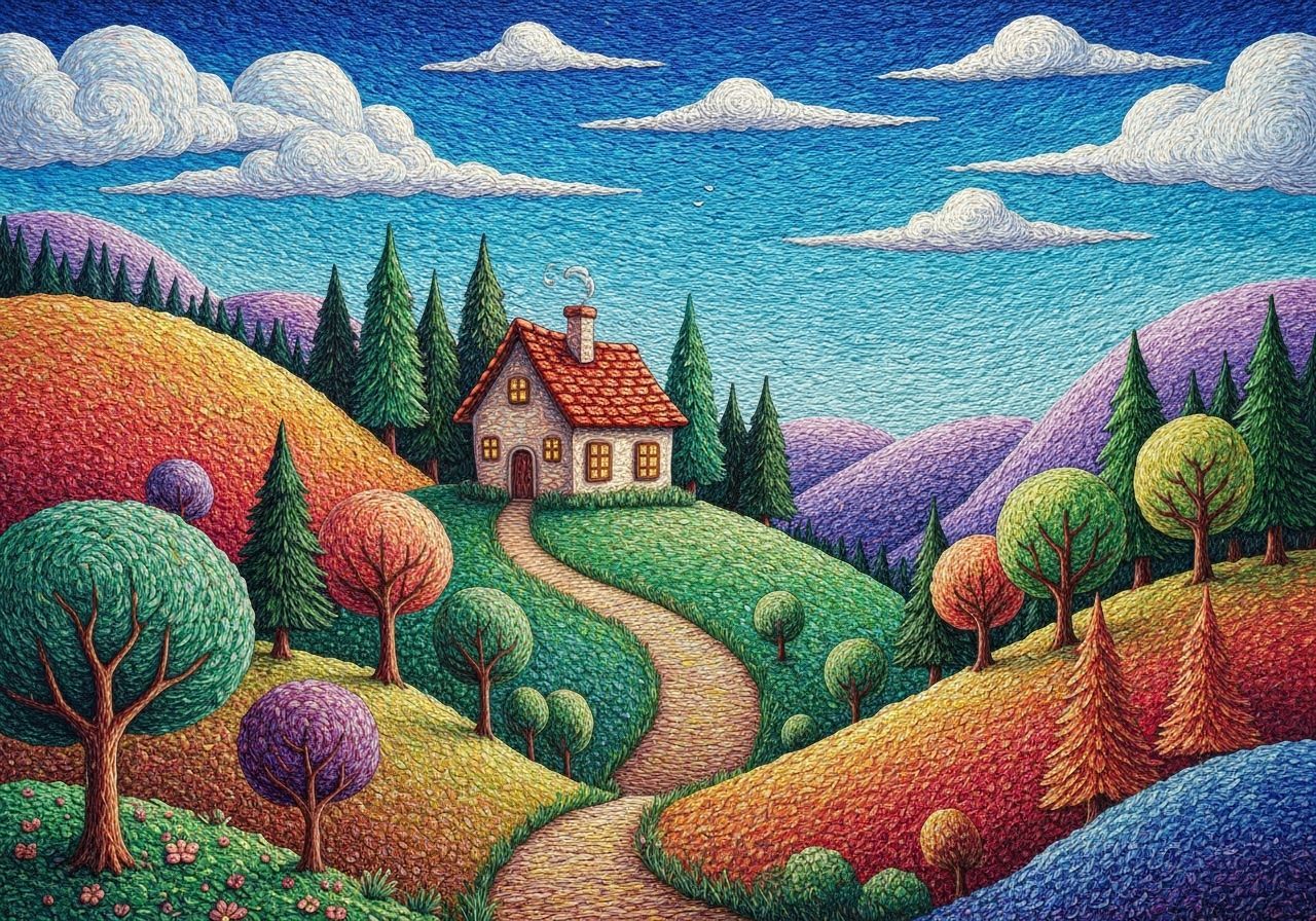 Charming House in Colorful Landscape as Woven Artwork