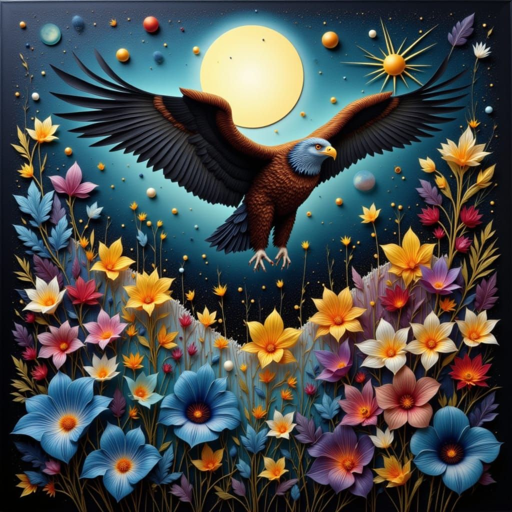 Eagle Tends Alien Orchid Garden on Floating Island Oil Paint...