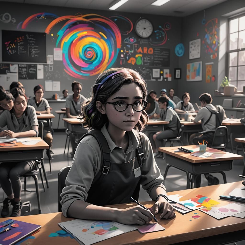 Colorful Girl in Grayscale Classroom: Pixar-Inspired Art