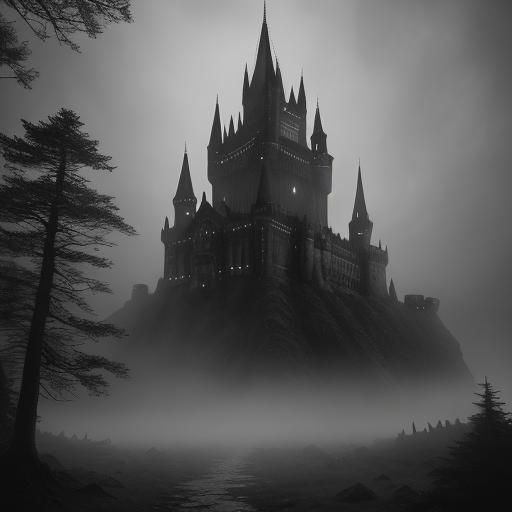Crumbling Castle in Misty Forest Charcoal Drawing
