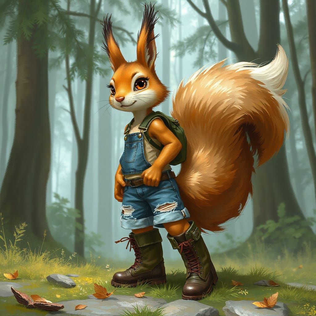 Confident Anthropomorphic Squirrel in Misty Forest