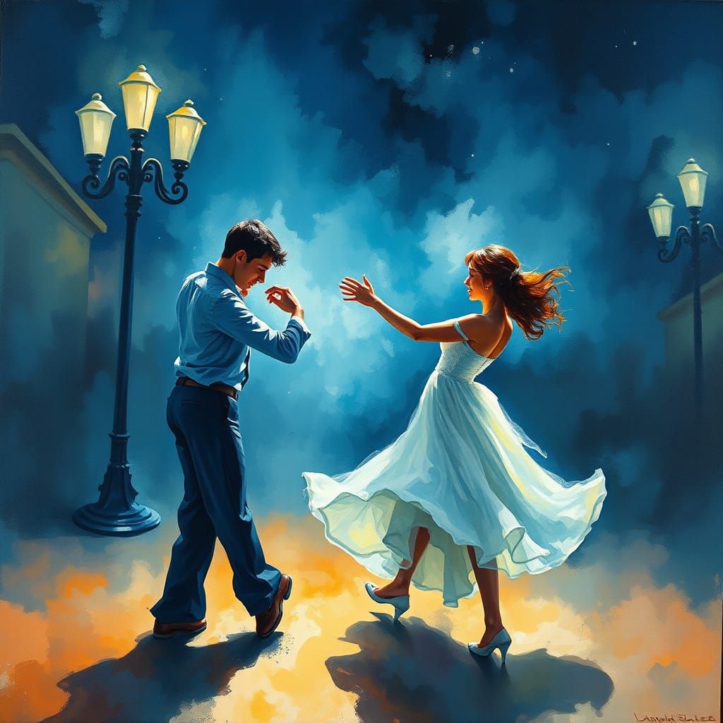 Dancers in the Night as Gouache Impressionist Painting