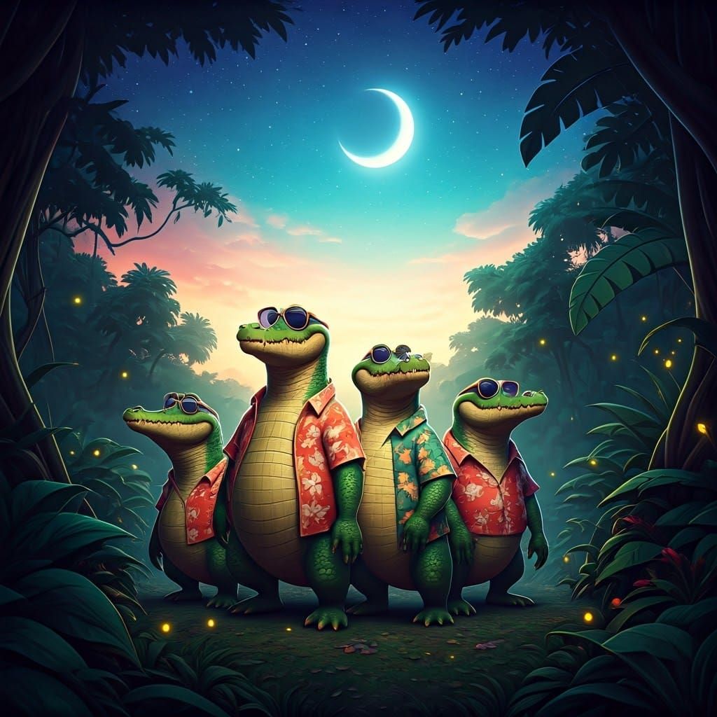 Crocodile Friends in Jungle, 3D Digital Art