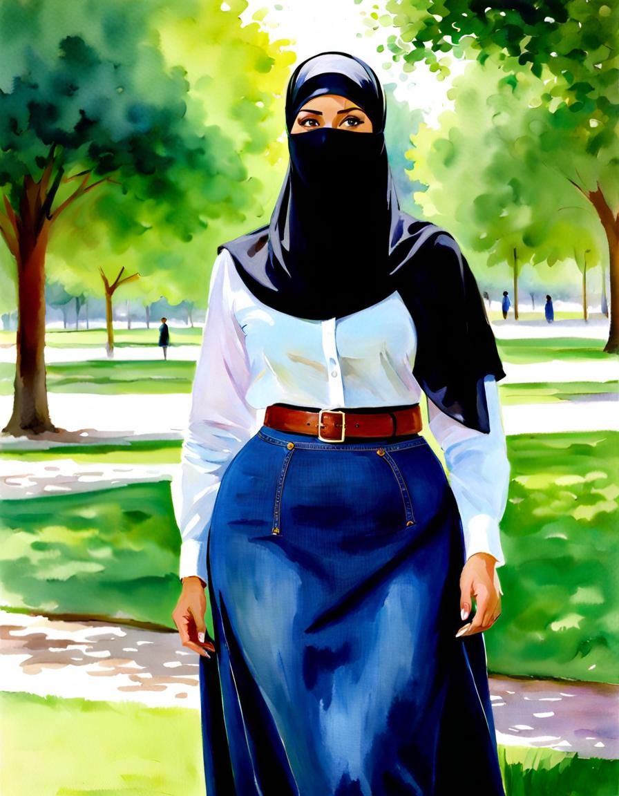 Watercolor Portrait of Teacher in Niqab in Park