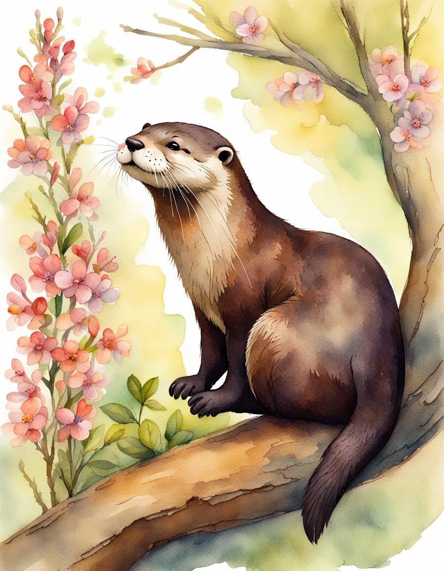 Happy Otter Observes Blossoming Branch in Watercolor
