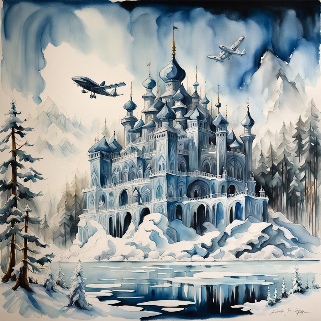 Frozen Ice Palace Flight: Ink Wash Masterpiece