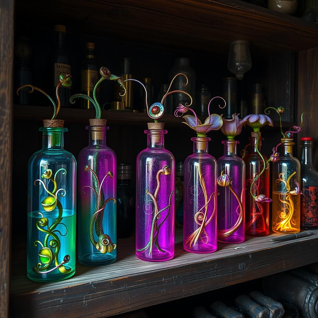 Alien Plants in Rainbow Vials, Surrealist Style