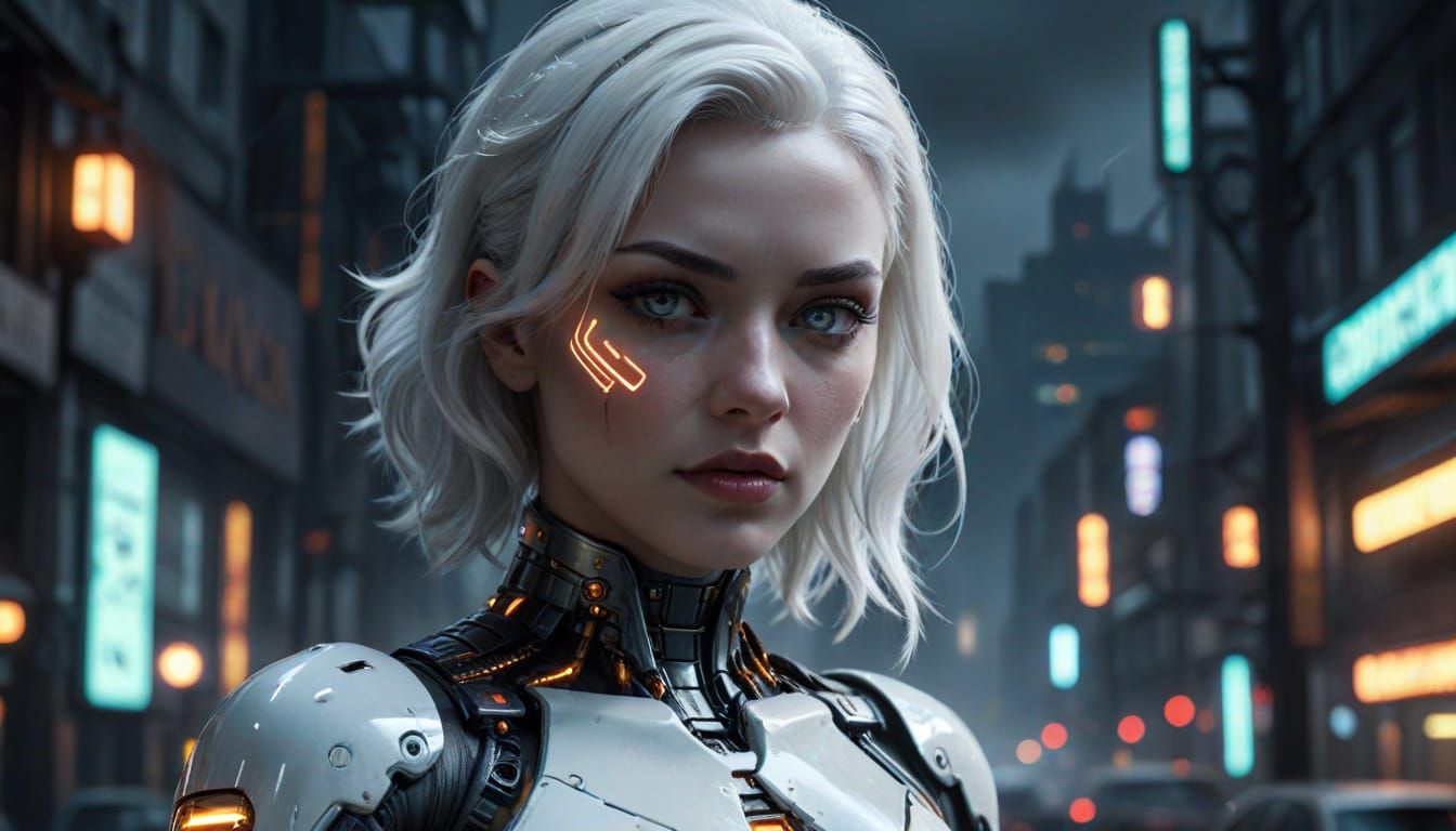 Cyberpunk Android in White Posing in Cityscape