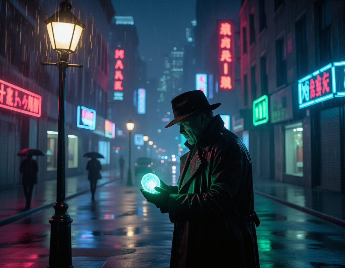 Grizzled Detective Examines Glowing Artifact in Neon City