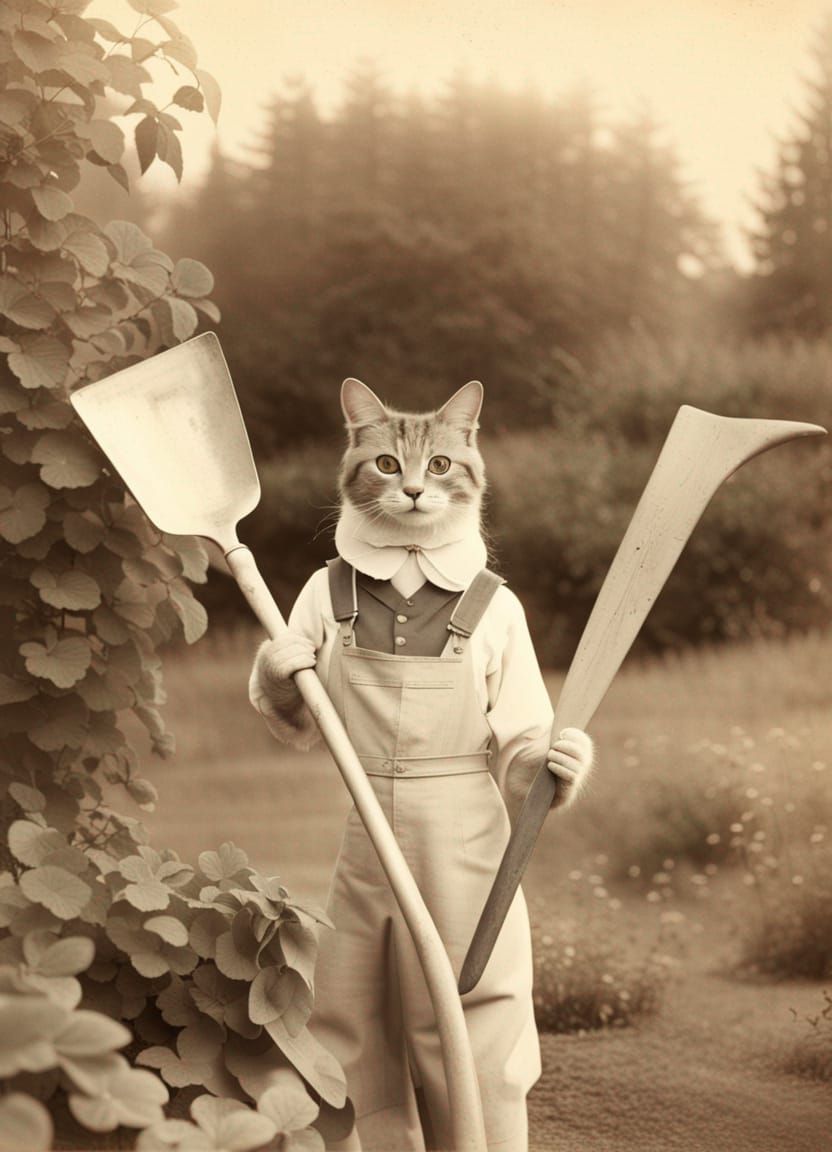 Anthropomorphic Cat Farmer in Garden, Vintage Photo