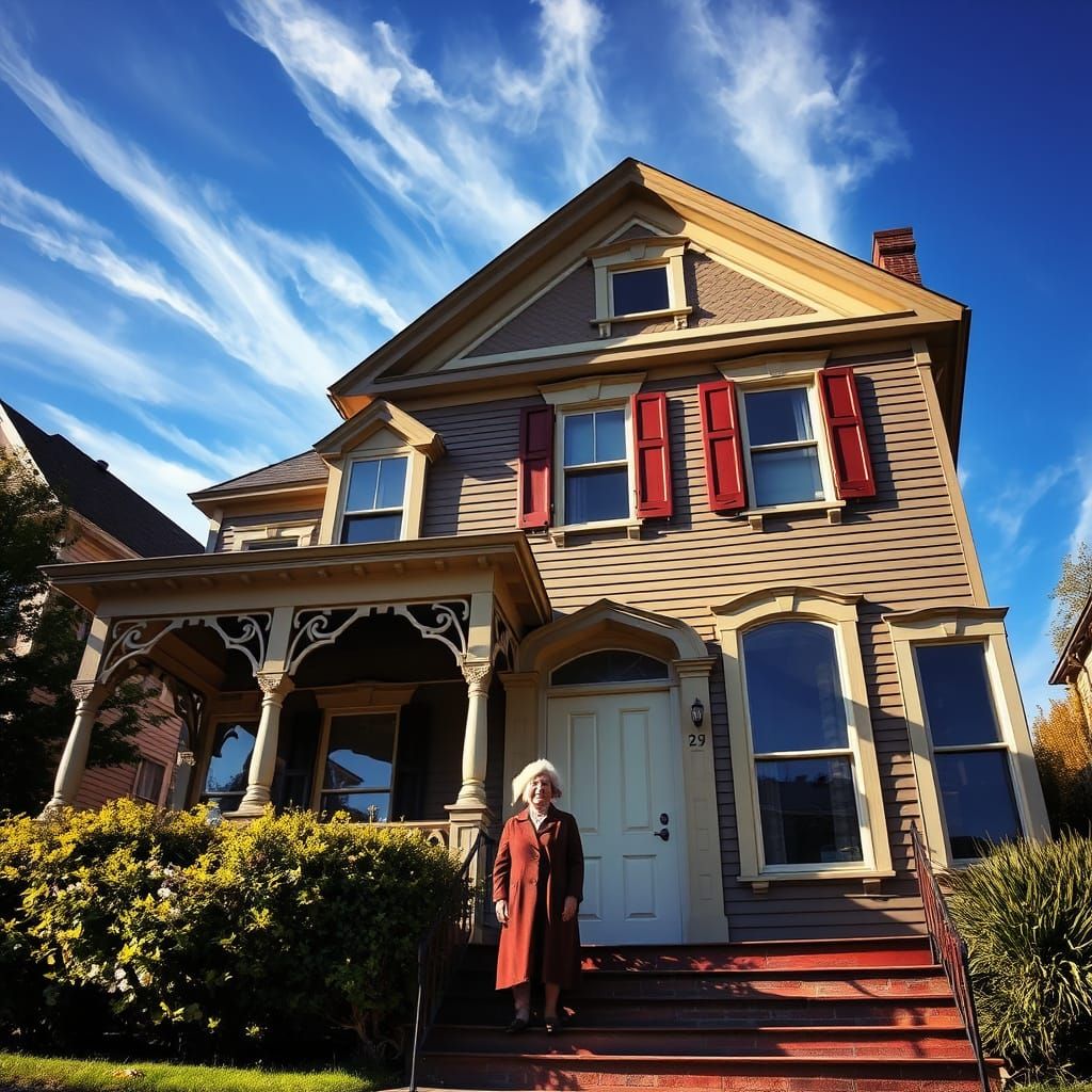 Elegant Lady Stands Before Victorian Mansion at Dawn