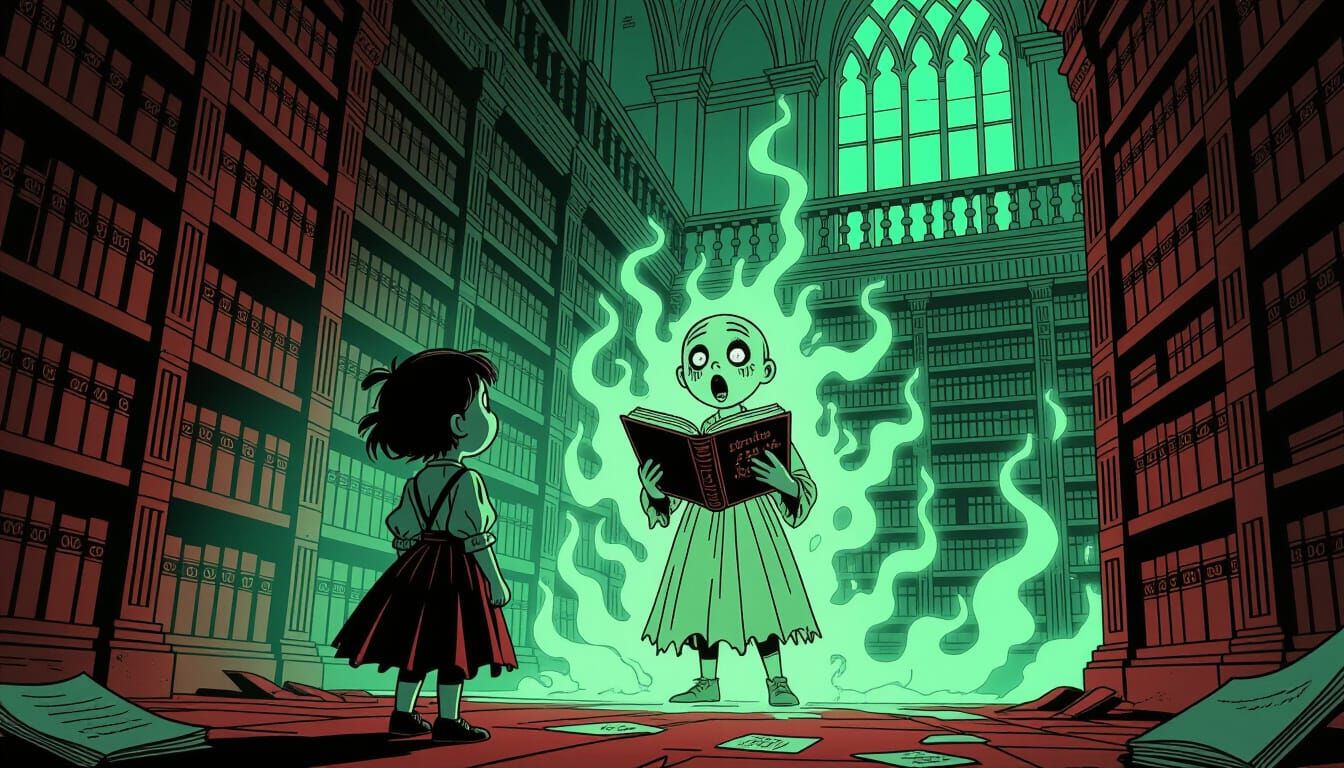 Terrified Child in Gothic Library, Comic Book Style