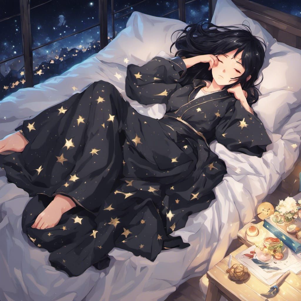 Woman in Starry Clothes Sleeping: Anime Key Visual