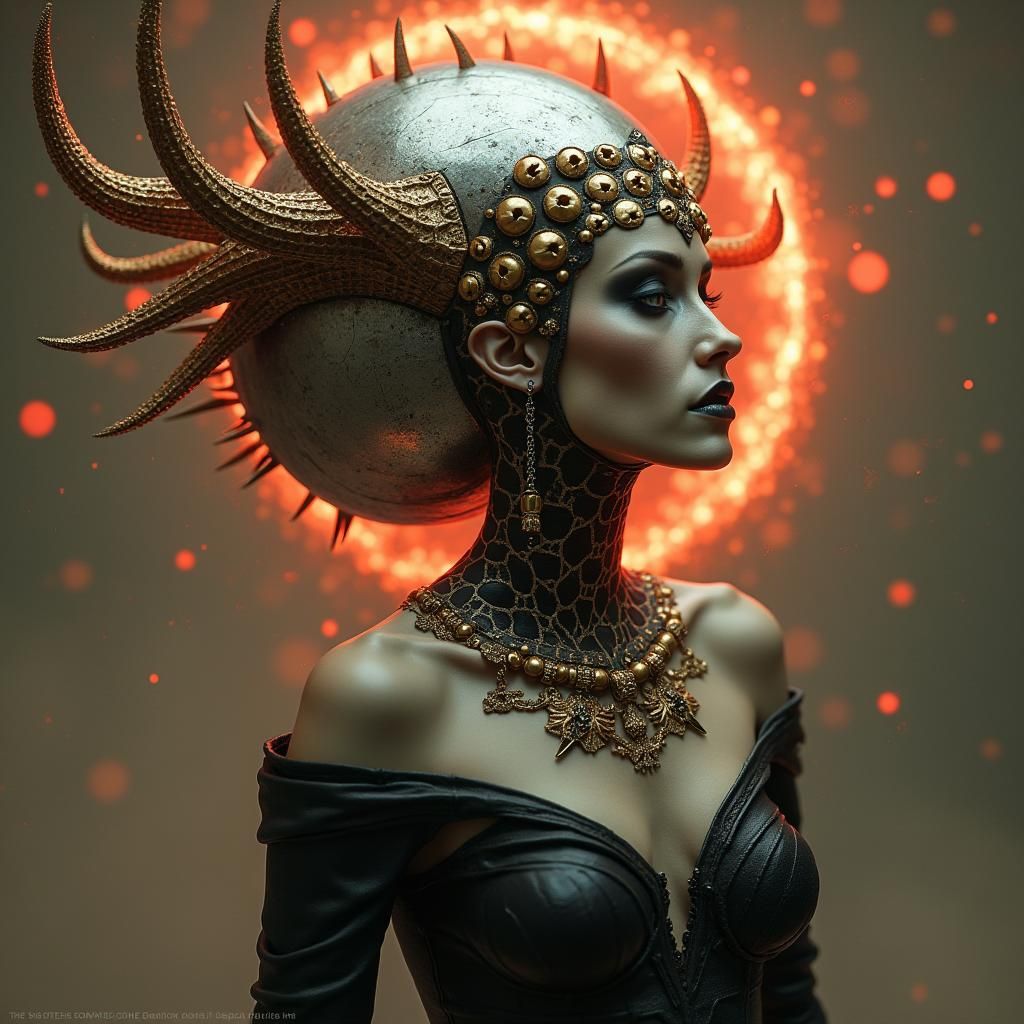 Ornate Woman with Skulls in Sepia-Toned Mechanical Explosion