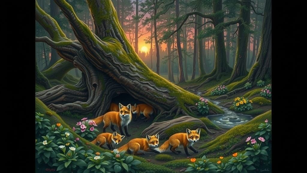 Fox Family in Serene Forest Twilight