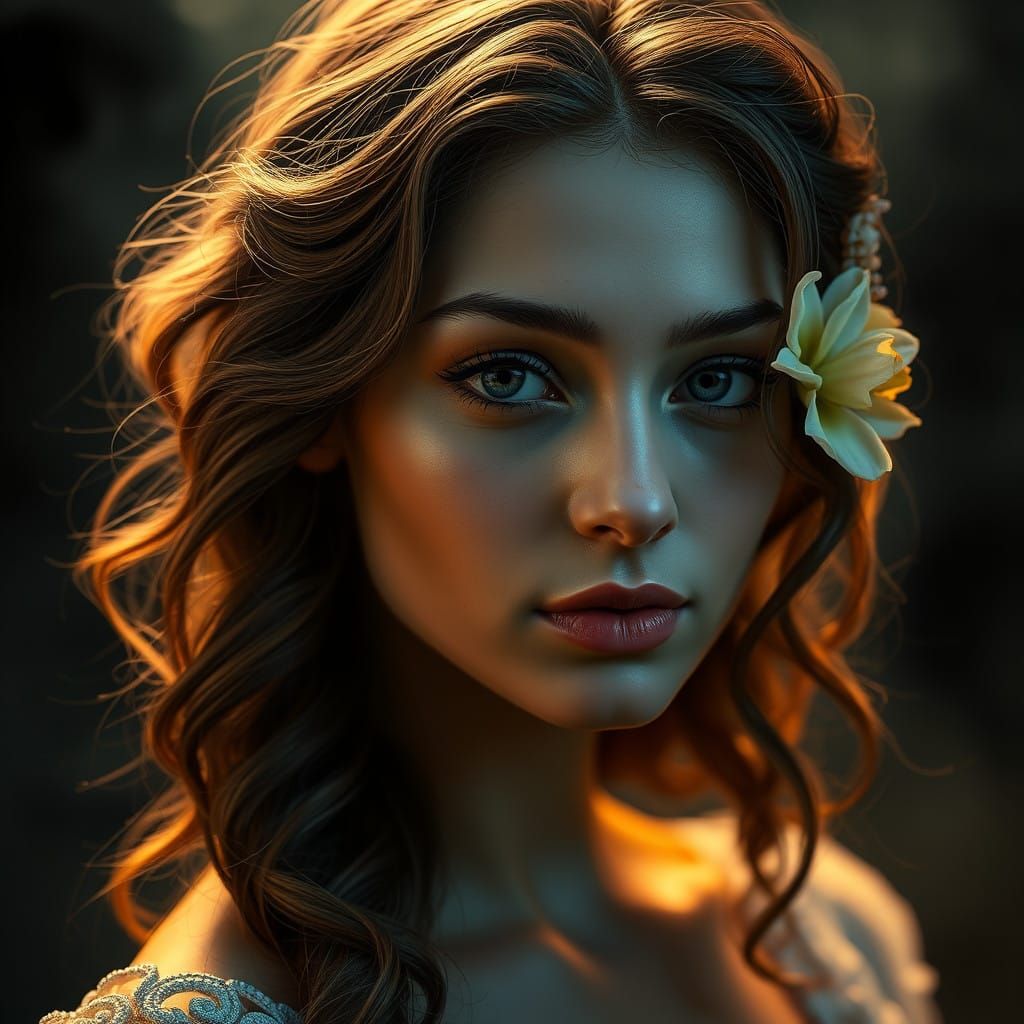 Ethereal Portrait of a Woman, Adorned with Floral Arrangemen...