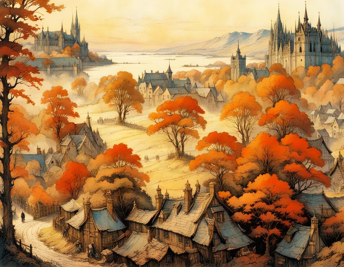 Mysterious Entangled Medieval Town, Detailed Illustration