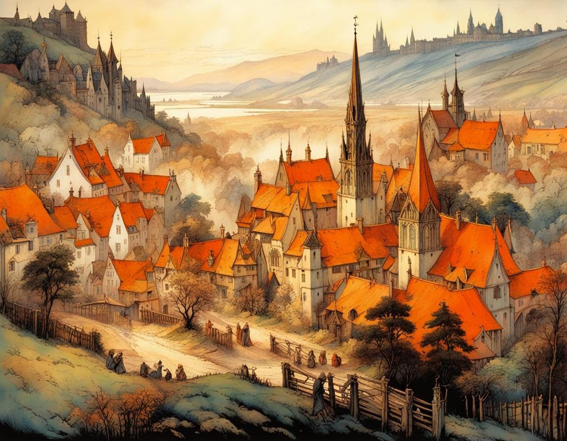 Mysterious Medieval Town at Night