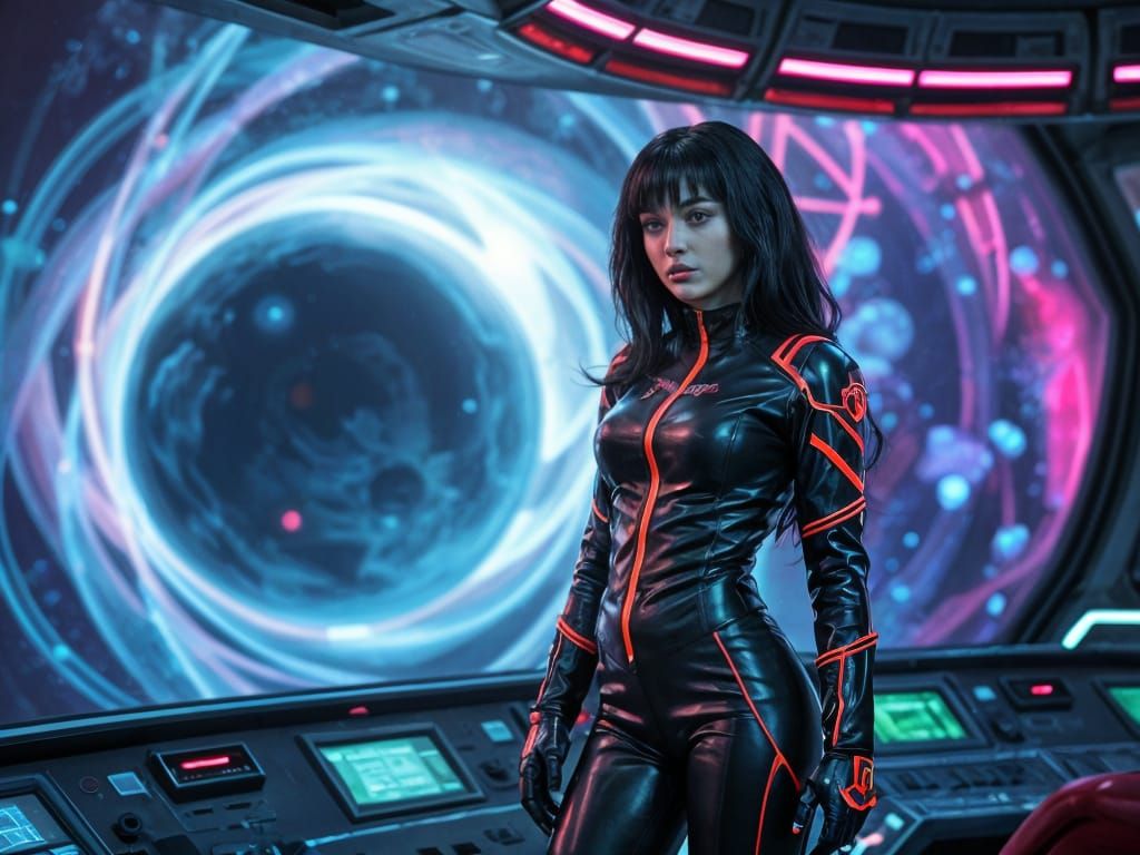 Female Space Commander on Starship Bridge in Cyberpunk Style