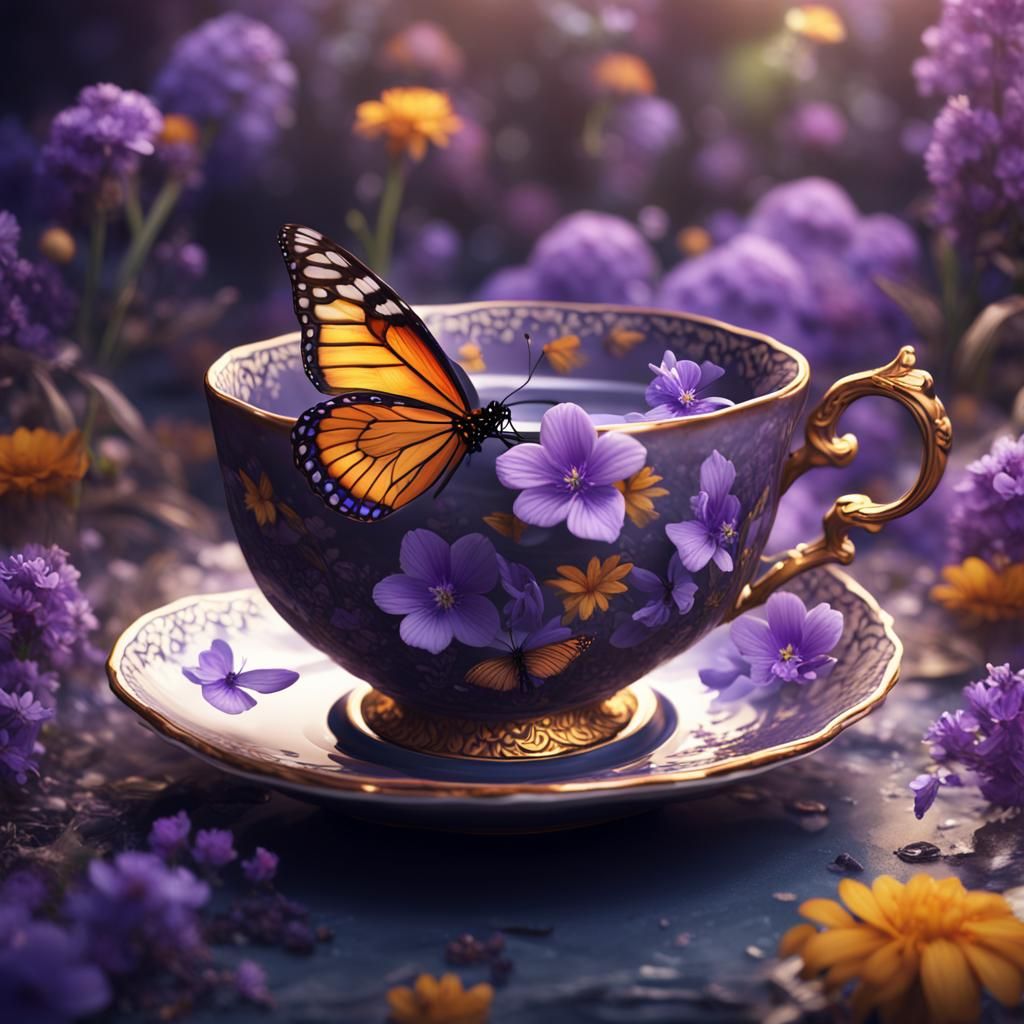 Butterfly Sipping Tea Among Purple Flowers