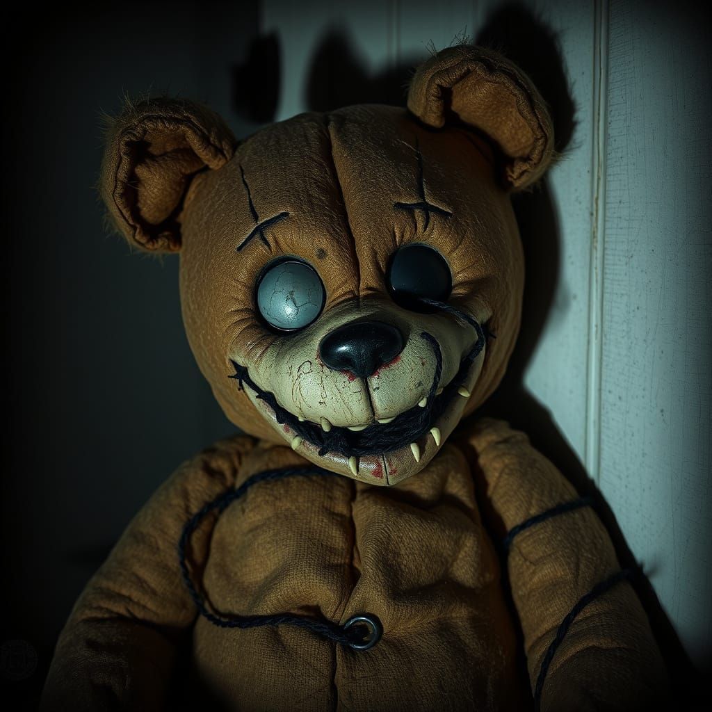 Haunted Teddy Bear with Sinister Grin in Gothic Style