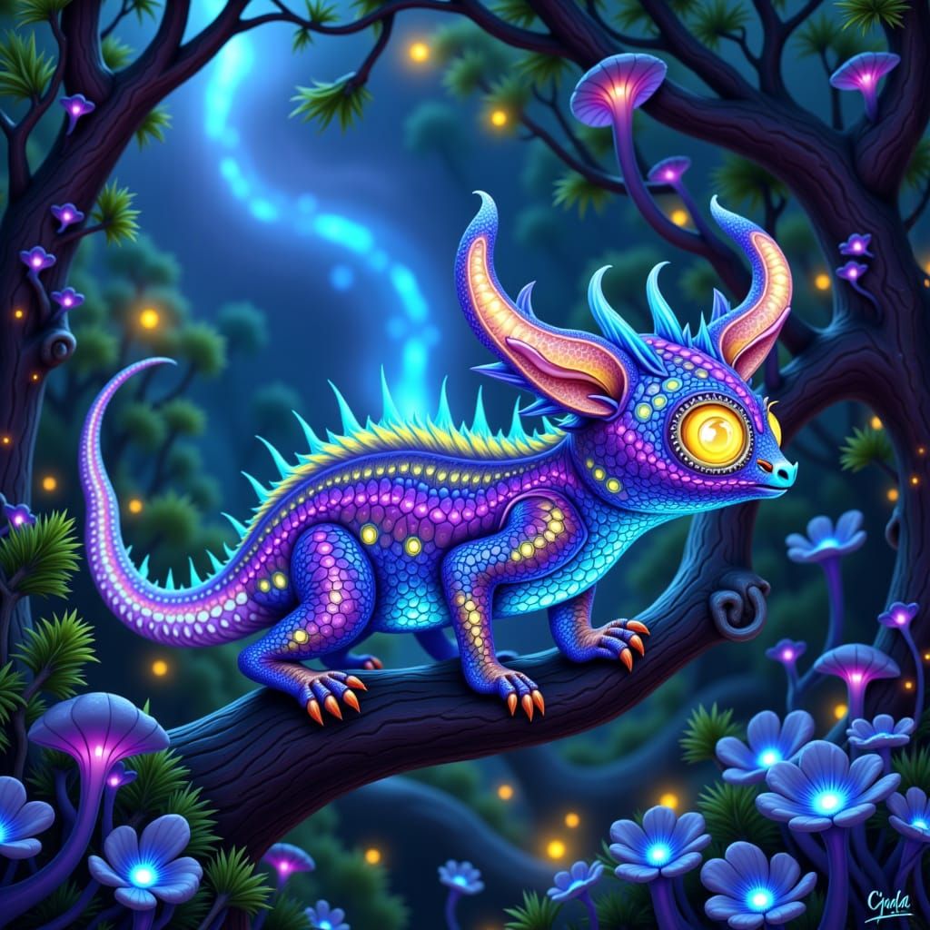 Bioluminescent Creature in Lush Alien Forest