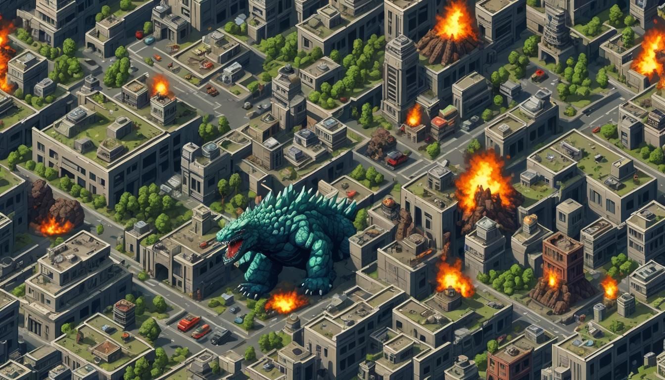 Godzilla Wreaks Havoc: Retro Pixel Art City Ruins