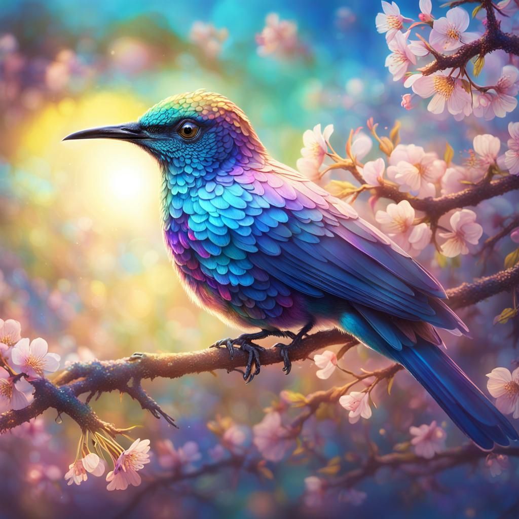 Iridescent Bird on Blooming Branch: Surrealist Oil Painting
