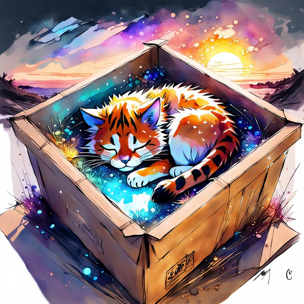 Chibi Cat Sleeping in Cardboard Box, Watercolor Art