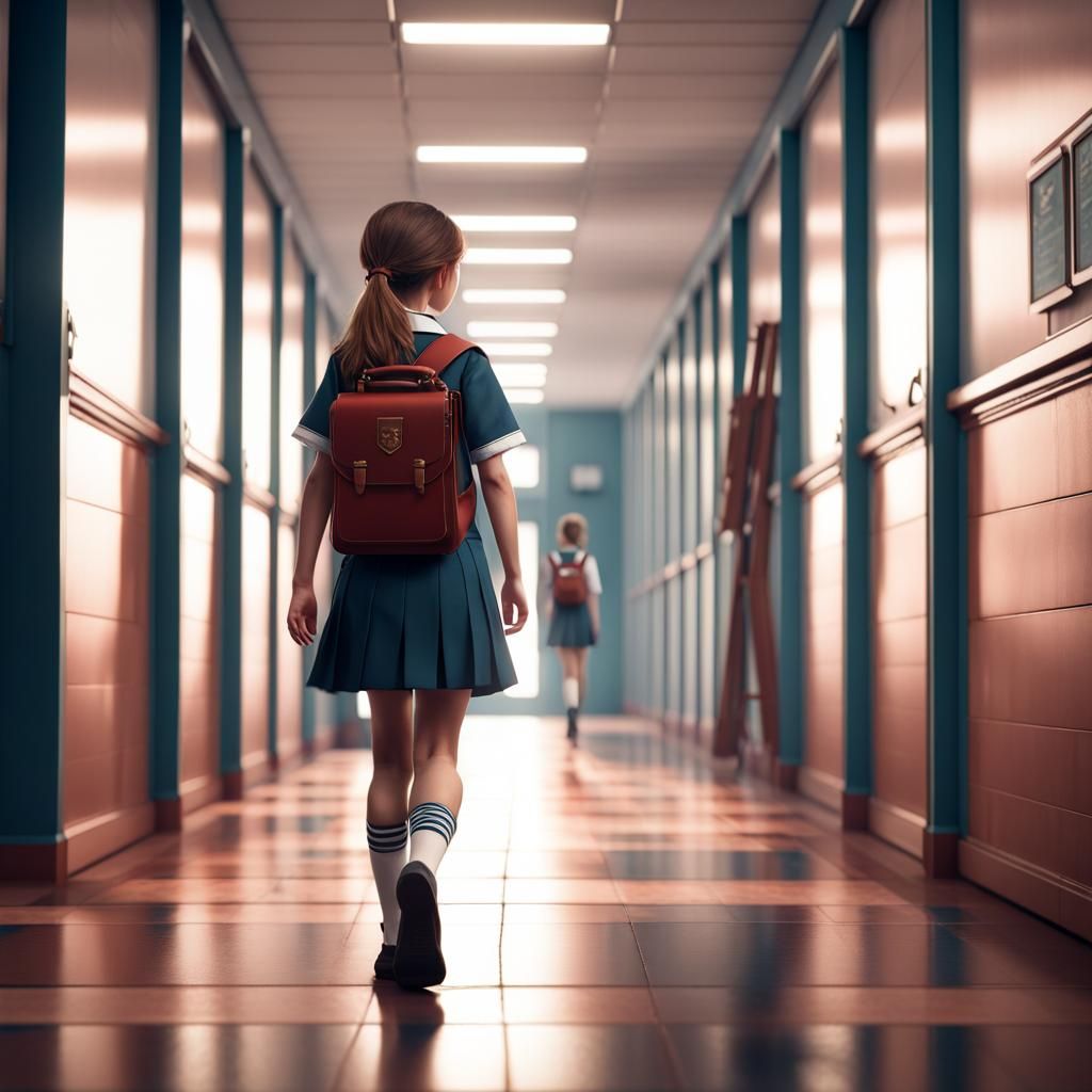 Girl in School Hallway: Detailed Matte Painting