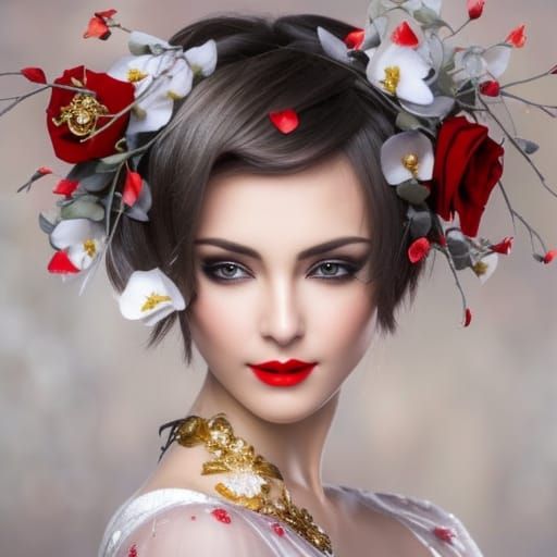 Enchantress Portrait with Rose Petals in Royo Style