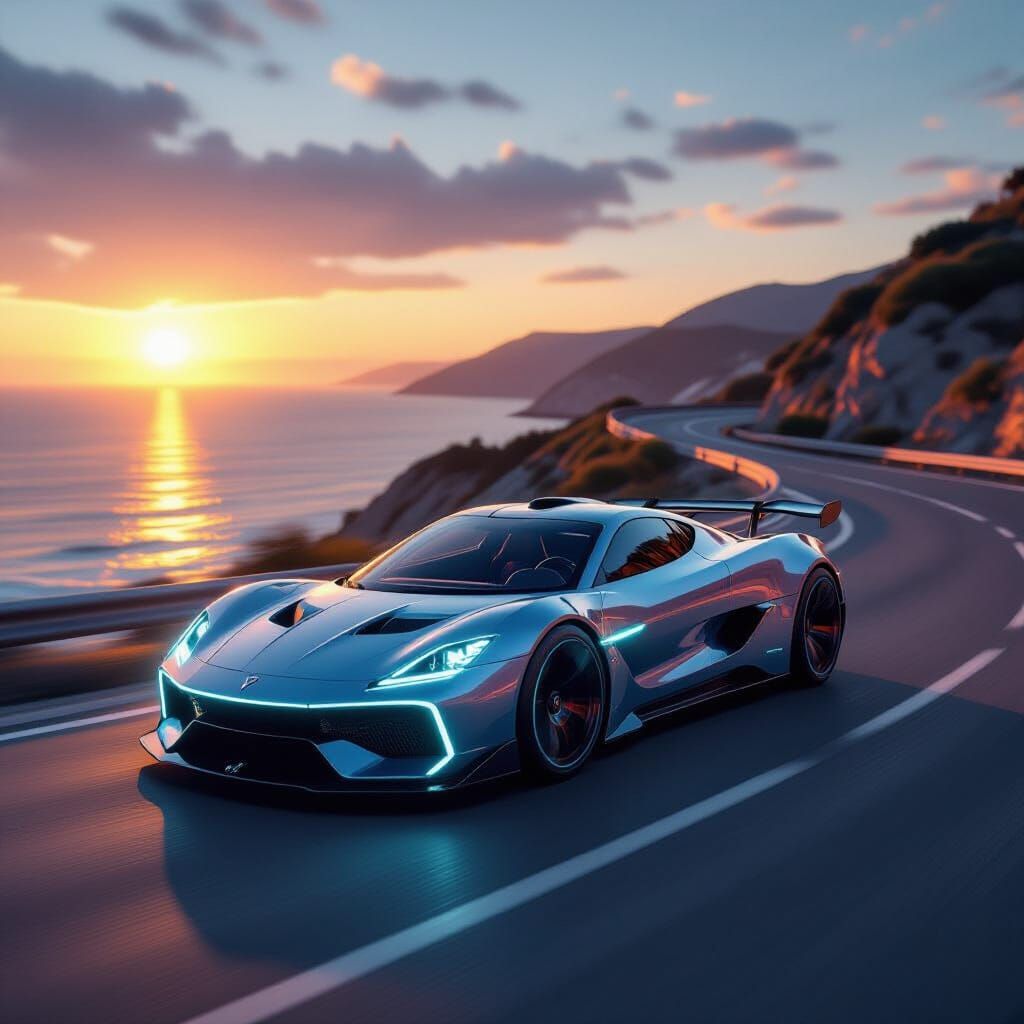Futuristic Neon Sports Car at Sunset