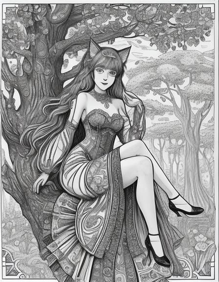 Playful Catgirl in Tree: Whimsical Line Art