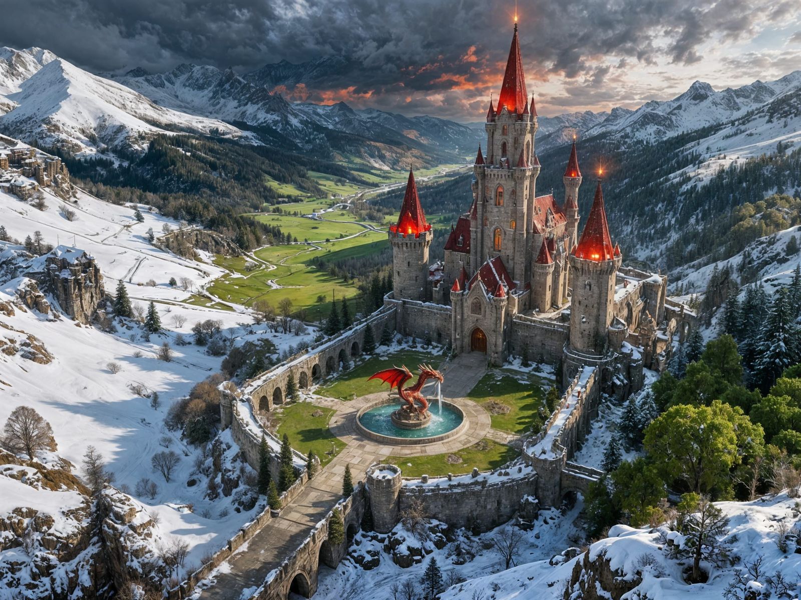 Majestic Dragon Castle in Snowy Valley with Red Turrets