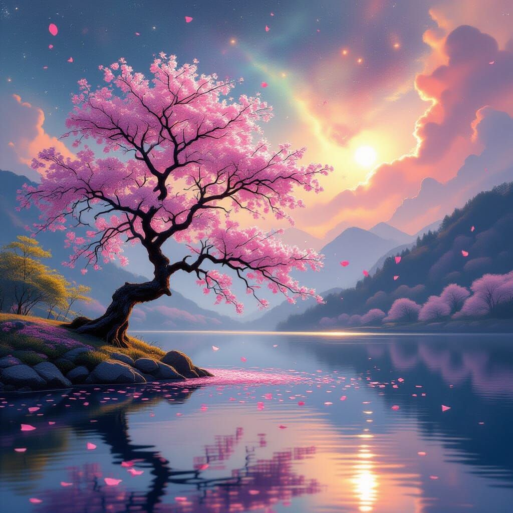 Sakura Tree in Bloom Over Serene Lake